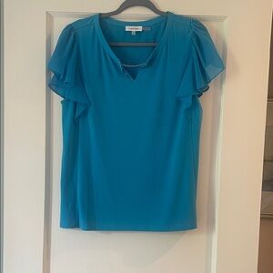 Calvin Klein Teal Ruffled Sleeve Blouse with Neck Chain